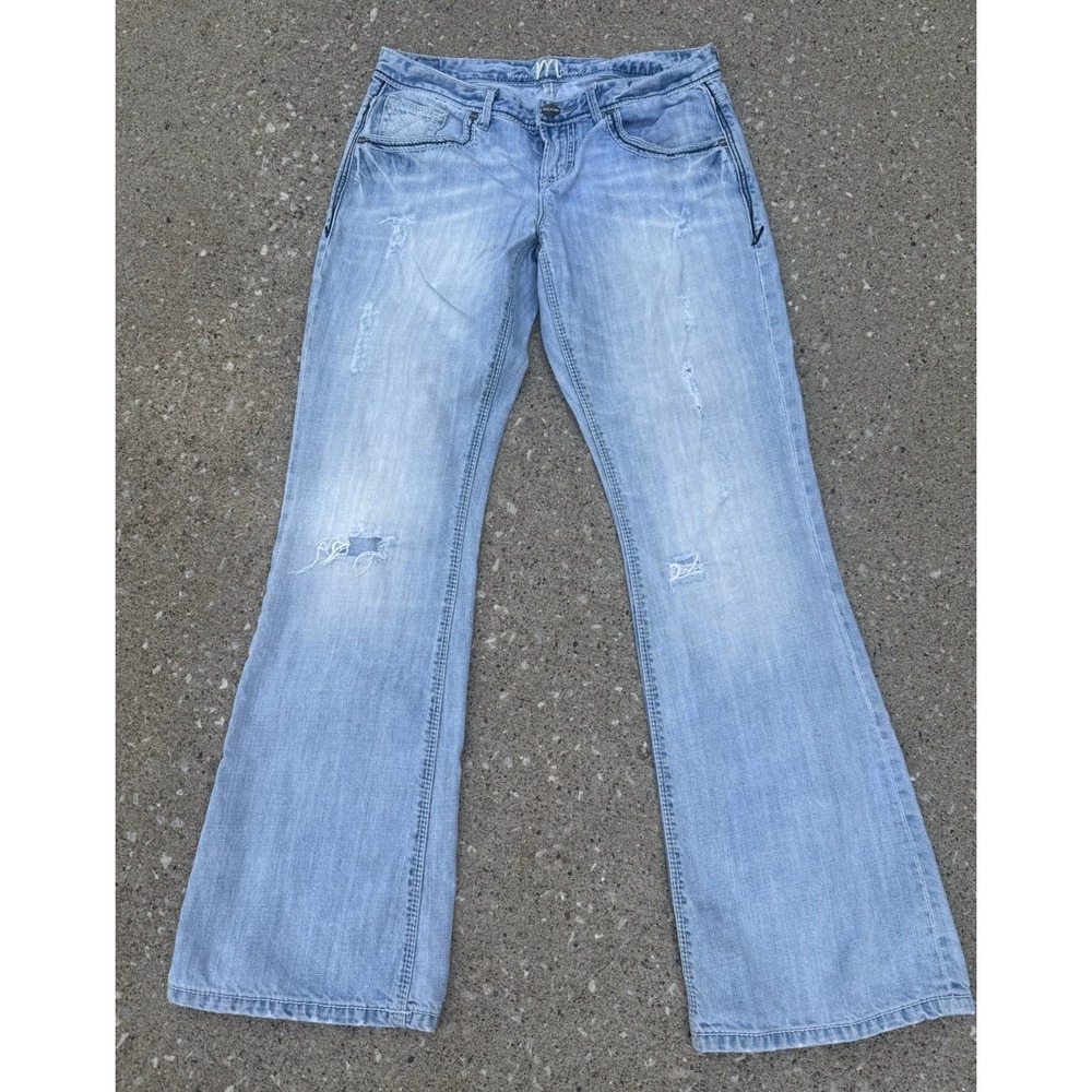 Madison Denim Women's Low Rise Flare Leg Distress SZ 7/8 Dark Stitch Embroidery - Picture 2 of 15
